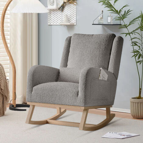ADWOLT Fauteuil à bascule-Rocking chair de salon avec coussins - Pieds en bois-Scandinave-avec poches latérales -68 x 93 x 96 cm-Velours Teddy -Grijs