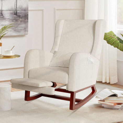 ADWOLT Fauteuil à Bascule-Rocking Chair - Scandinave - Pieds en Bois Massif - Chaise Loisirs - Tissu Velours Beige - Salon - Chambre -67x64x99cm
