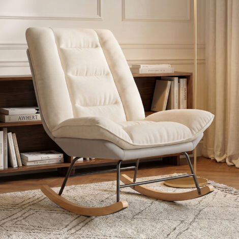 ADWOLT Fauteuil à Bascule,Rocking Chair avec coussins épais et dossier réglable,Scandinave, pieds en bois et métal, beige, lin,90 x 63 x 92 cm