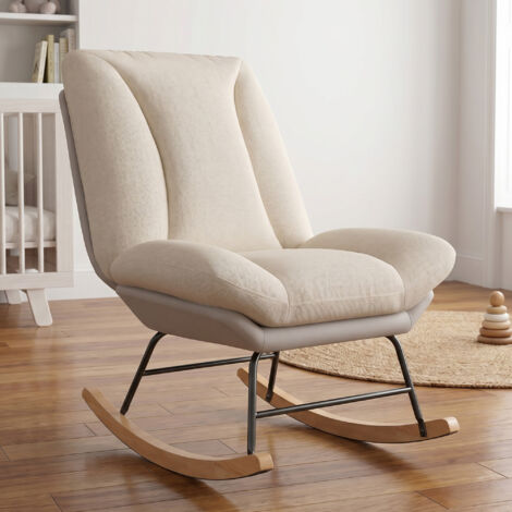 ADWOLT Fauteuil à Bascule,Rocking Chair avec coussins épais et dossier réglable, style scandinave, pieds en bois et métal, beige,lin,90.5 x 74 x 99 cm