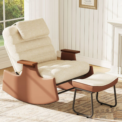 ADWOLT Fauteuil à Bascule-Rocking Chair avec appui-tête -dossier réglable - repose-pieds-Scandinave -Tissu laine d'agneau -Beige -61.5x51.5x81cm