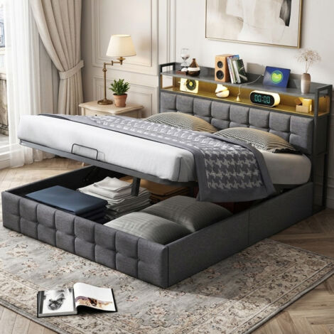 Lit coffre 140x190 cm Lit double lumière LED et port USB Lit Capitonnée Lit avec tête de lit et sommier à lattes tissu de lin - Gris (1/5)