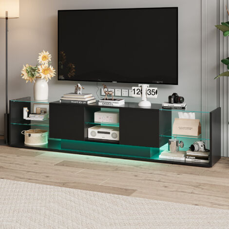 Meuble TV moderne LED,Meuble TV brillant, Meuble TV de salon avec 2 tiroirs, étagères en verre,MDF, 200 x 35 x 45 cm,noir