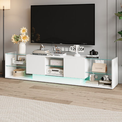 Meuble TV moderne LED,Meuble TV brillant, Meuble TV de salon avec 2 tiroirs, étagères en verre,MDF, 200 x 35 x 45 cm,Blanc