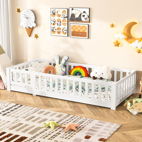 Lit au sol 90x200 cm–Lit enfant 90x200 cm avec barrières de sécurité– sommier à lattes–Pin massif– blanc