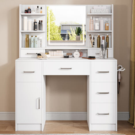 Coiffeuse avec Miroir LED -110x40x140 cm - Étagères Ouvertes - 2 Prises et 1 USB - 7 Tiroirs de Rangement -Blanc-Style Moderne
