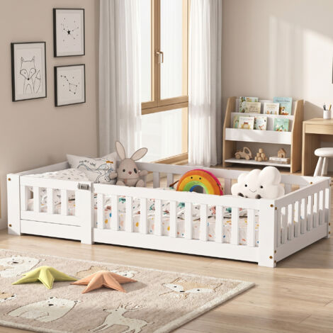 Lit au sol 120x200 cm–Lit enfant 120x200 cm avec barrières de sécurité– sommier à lattes–Pin massif– blanc