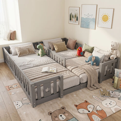 Lit au sol 90x200 cm–Lit double enfant 90x200 cm avec barrières de sécurité– lit 2 personnes–sans sommier à lattes–Gris