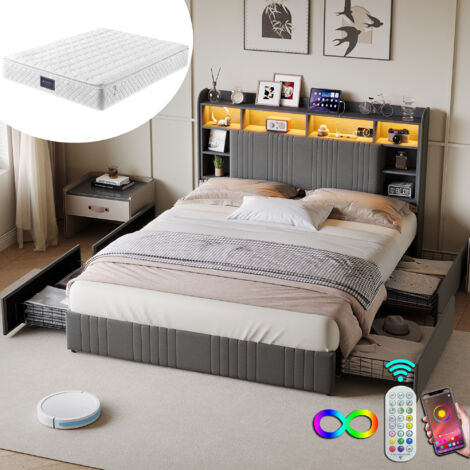 Lit Capitonnée 140x200 cm 4 tiroirs Lit double lumière LED et port USB Lit rembourré tissu de lin - Gris Avec matelas (1/5)