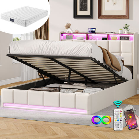 Lit coffre 160x200 cm dispositif de pression d'air Lit double lumière LED et port USB Lit rembourré tissu de lin - Beige Avec matelas (1/5)