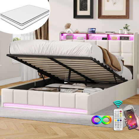 Lit coffre 140x190 cm dispositif de pression d'air Lit double lumière LED et port USB Lit rembourré tissu de lin - Beige Avec matelas (1/5)