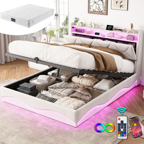 Lit coffre 160x200 cm dispositif de pression d'air Lit double lumière LED et port USB Lit rembourré tissu de velours - Beige Avec matelas (1/5)