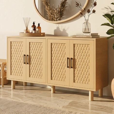 Buffet de rangement en rotin,meuble de rangement pour salon, couleur chêne, 4 portes,buffet bas, MDF,140 x 40 x 80 cm
