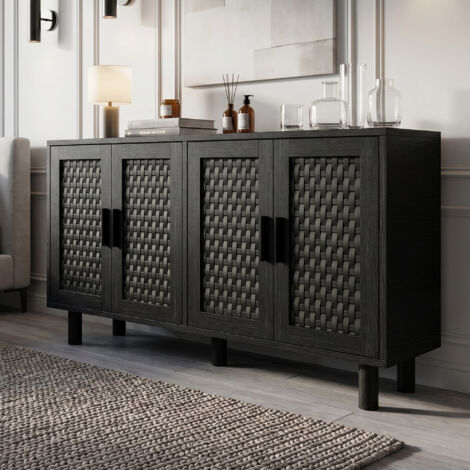 Buffet de rangement en rotin,meuble de rangement pour salon, Noir, 4 portes,buffet bas, MDF,140 x 40 x 80 cm