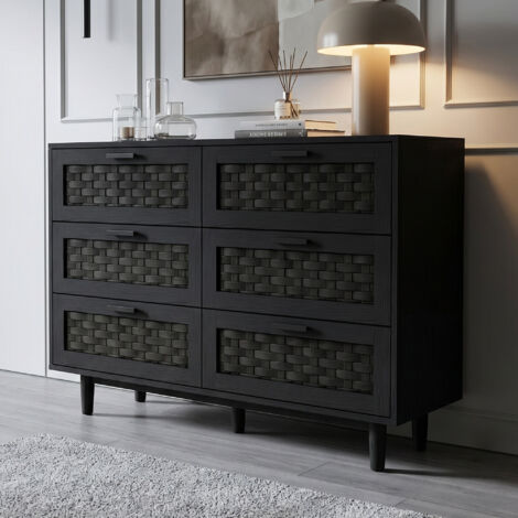 Commode en rotin et bois avec 6 tiroirs,buffet, meuble de rangement,Noir,chambres, MDF,115 x 40 x 80 cm