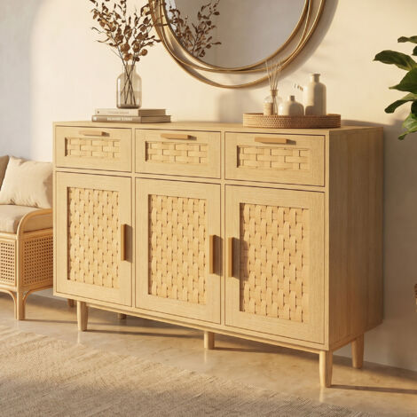 Buffet de rangement en rotin,3 tiroirs, 3 portes, meuble de rangement pour salon, couleur chêne,MDF,107.9 x 40 x 80 cm