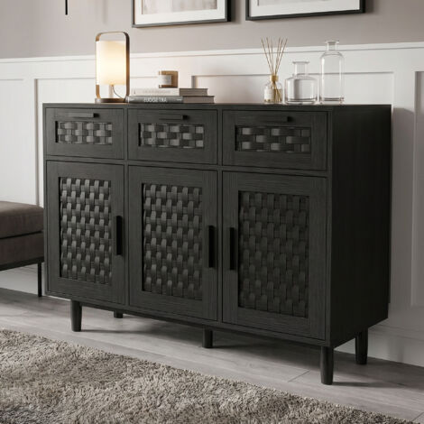 Buffet de rangement en rotin,3 tiroirs, 3 portes, meuble de rangement pour salon,Noir,MDF,107.9 x 40 x 80 cm