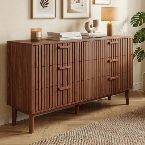 Commode 6 tiroirs ,commode indépendante, buffet, motif rayé, 100 x 34 x 73 cm, Couleur bois de noyer,MDF