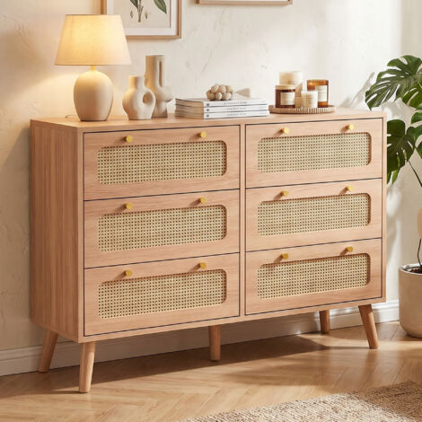 Commode 6 tiroirs en bois et rotin ,meuble de rangement multifonction, Buffet, 100 x 34 x 73 cm, MDF