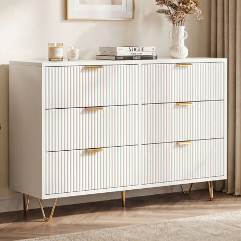 Commode 6 tiroirs - Meuble de rangement à motif ondulé - Buffet - Pieds dorés - 100 × 34 × 73 cm - MDF - Blanc