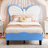 Lit fille 90 x 200 cm- Lit enfant avec liseuse - cadre de lit simple-Lit capitonné-tête de lit papillon-velours et PU-bleu