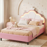 Lit enfant 90 x 200 cm avec LED, tête de lit couronne, structure de Lit princesse 90x200 cm, Lit fille, velours, rose