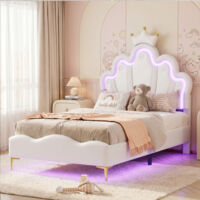 Lit enfant 90x190 cm,Lit fille avec LED,Lit de princesse en forme de couronne,lit simple avec sommier à lattes,PU,Blanc