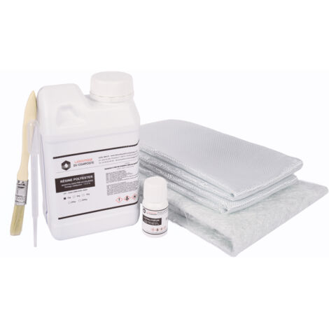 Kit de résine polyester 1 kg avec catalyseur 30 g, mat de verre 1 m² 300 g/m² et roving 300 g/m² pour réparation et stratification