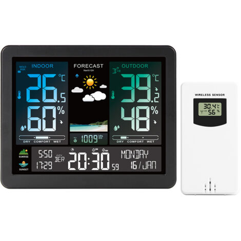 TONYSA Station Météo Avec Capteur Extérieur, Écran LCD Sans Fil Coloré Météorologique Numérique Baromètre Phase de Lune Alarme Réveil Météo Prévision Rétroéclairage Réglable