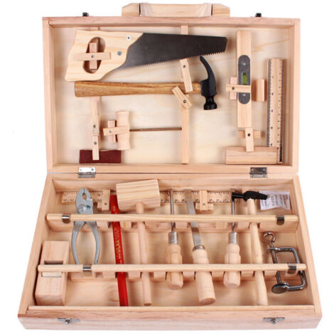 Ensemble d'outils pour enfants Boîte à outils d'entretien de charpentier Outils réels Démontage et assemblage Boîte en bois multifonctionnelle 16 pcs (1/5)