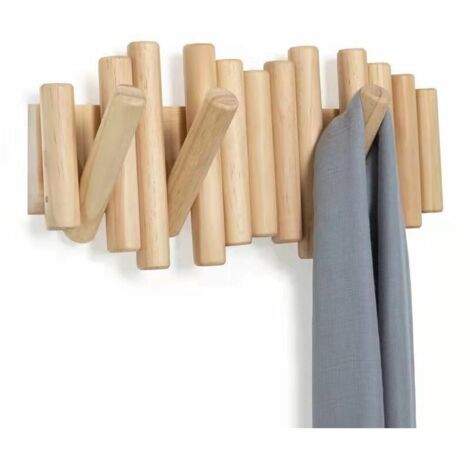 Porte-manteau mural en bois de pin biseauté – 5 crochets modernes – Finition naturelle – Pour entrée, salon ou chambre
