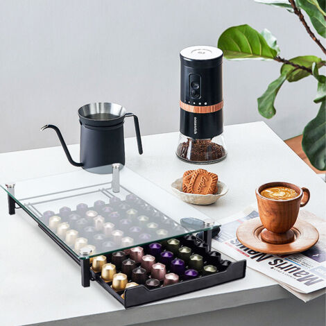 Porte-capsules de café, tiroir de rangement pour 60 capsules, boîte de rangement pour capsules en verre trempé, le distributeur de capsules pour machine à café, tiroir à capsules (1/5)