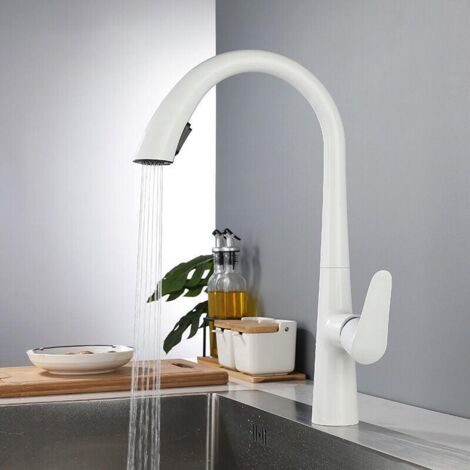 Robinet Blanc Cuisine avec Douchette Extractible MitigEU Monocommande Rotatif à 360° Froide et Chaud Disponible (1/5)