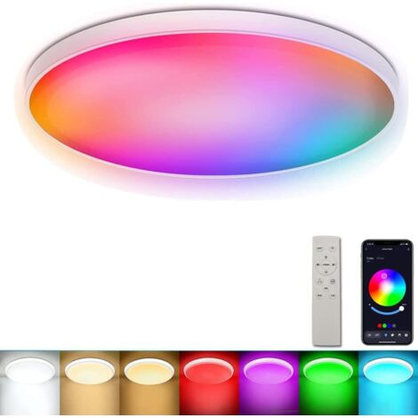 Plafonnier LED intelligent avec Télécommande, 24W 30cm 2400LM 2700-6500K Syn Multiple Couleur APP Musique Température de Couleur Luminosité Dimmable Timer pour Chambre à coucher Salon Party Festival (1/5)