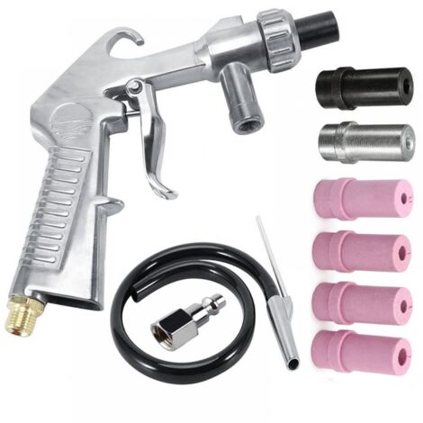 Pistolet Sablage Air Comprimé Sandblaster avec Tuyau d'Alimentation de 1 M, Pistolet à Sable Sand Blaster avec 3 Buse de 6mm de Céramique, Métallique Blanche et Noire, un Raccord d'Air (1/5)