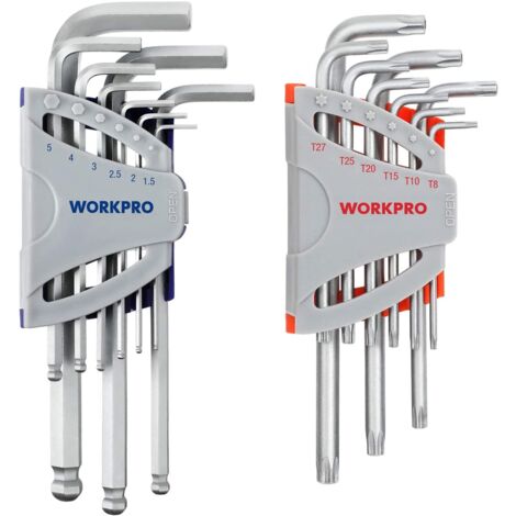 Workpro – Jeu de 18 clés allen hexagonales en Cr-V – Têtes plate, torx, sphérique – Pour vélo, moto, voiture, électroménager – Étui portatif