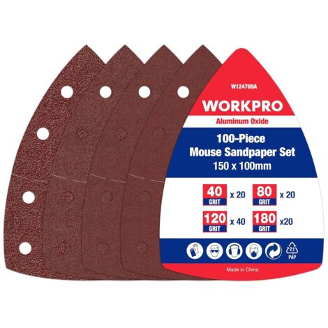 Workpro – Lot de 100 feuilles abrasives triangulaires 90x90mm – 5 grains 40/80/120/180 – 11 trous pour ponçage et polissage – Pour bois dur et métal