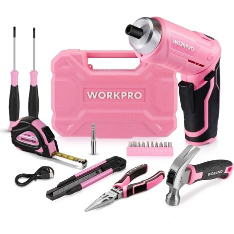 Workpro – Coffret multi-outils rose 18 pièces – Tournevis électrique 3,7 V avec 10 embouts – Mallette de rangement 240x174x73mm – Outils en Cr-V (1/5)
