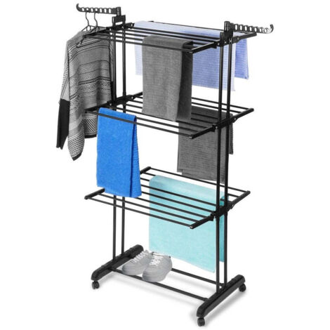 Étendoir à linge vertical en métal noir sur roulettes 125x170 cm