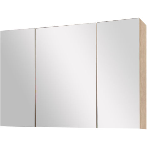 Armoire de salle de bain avec miroir, 3 portes à fermeture douce, miroir et étagères réglables, en bois et verre, 90 x 13,5 x 60 cm, coloris bois (1/5)