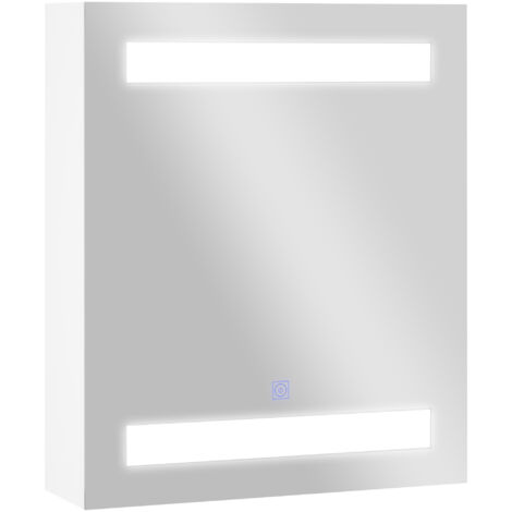 Armoire murale de salle de bain avec 1 porte, miroir et éclairage LED 2 étagères intérieures MDF blanc (60 x 50 x 15 cm) (1/5)