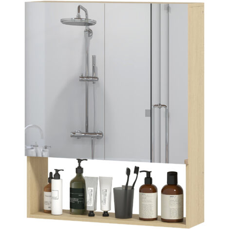 Meuble de salle de bain , portes miroir, étagère ouverte, fixation murale, MDF, panneaux de particules, chêne (1/5)
