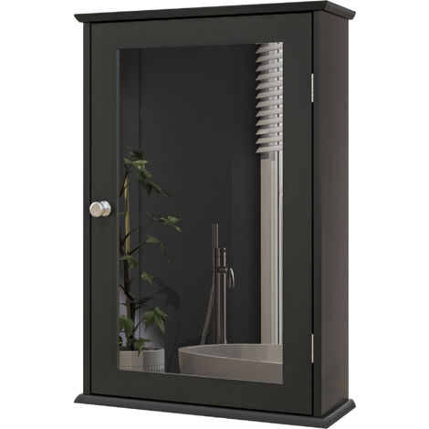 Armoire de salle de bain avec miroir et fermeture magnétique, meuble mural en bois gain de place, 41 x 14 x 60 cm, noir (1/5)
