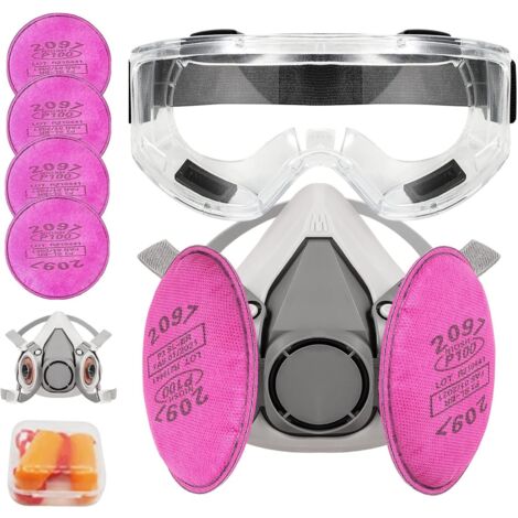 Masque respiratoire demi-visage réutilisable avec 4 filtres 2097 et lunettes de protection, bouchons d'oreille pour peinture, poussière, chimique, résine époxy, coupe, polissage, Rouge (1/5)