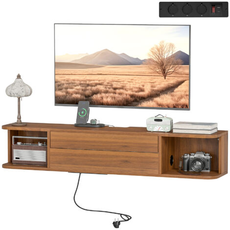 Meuble TV mural pour téléviseur jusqu'à 50 pouces avec prises électriques, ports USB et Type-C, tiroir et étagères, 120 x 24 x 22,4 cm, noyer (1/5)