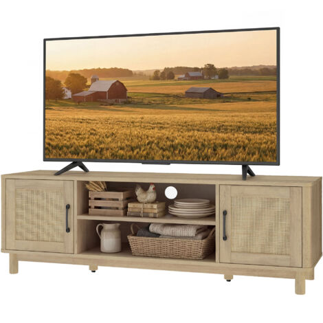 Meuble TV 135 cm, meuble télé pour téléviseur jusqu'à 65 pouces avec 2 portes en rotin, 2 compartiments ouverts, chêne (1/5)