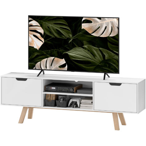 Meuble TV avec tiroirs et étagères ouvertes, MDF, 150 x 39 x 50 cm, blanc (1/5)
