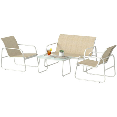 Ensemble de jardin 4 pièces comprenant un canapé 2 places, 2 fauteuils, une table en verre trempé et un revêtement en tissu textilène kaki. (1/5)