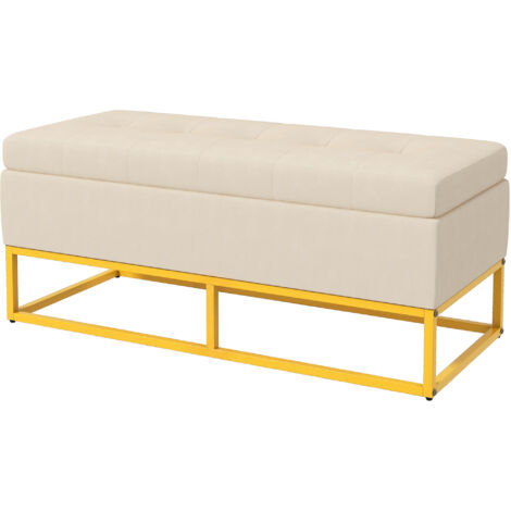 Banc de rangement, capitonnage décoratif, aspect flanelle, pieds en acier doré, 110 x 47 x 46,5 cm (1/5)