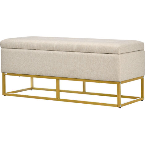 Banc de rangement matelassé en polyester avec pieds en acier doré, 110 x 44 x 48 cm, beige (1/5)
